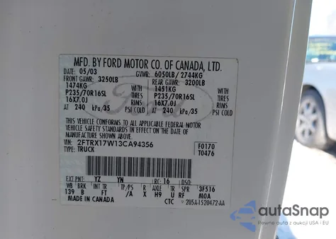 2003 Ford F-150 Lariat/Xl/Xlt from USA, damaged, VIN 2FTRX17W13CA94356